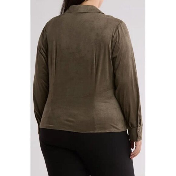 Calvin Klein NWT Ruched Button-up Shirt Caper (Olive Green) Size 2X - Picture 2 of 10